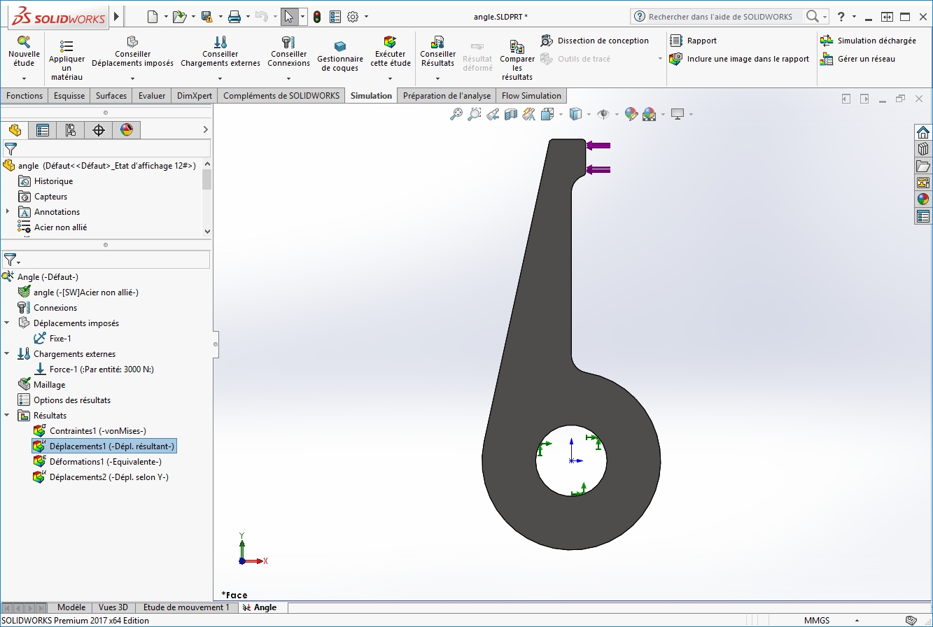 angle de déformation solidworks simulation